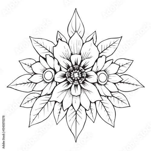 Ornate black and white flower with leaves illustration