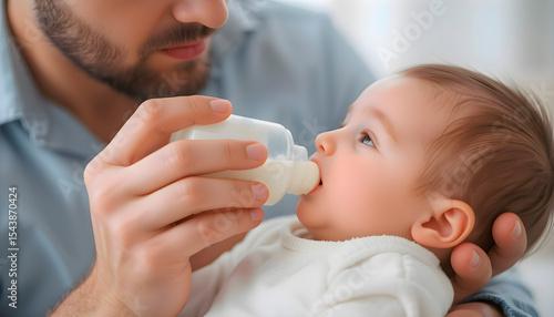 Man feeding a baby with a bottle of milk in a relaxed and warm indoor home environment