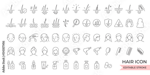 Vector icon set of hair and scalp problems including hair loss, dandruff, oily scalp, damaged hair, and hair care solutions. Editable stroke.