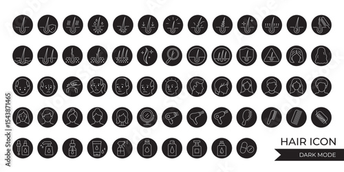 Vector icon set of hair and scalp problems including hair loss, dandruff, oily scalp, damaged hair, and hair care solutions. Editable stroke.