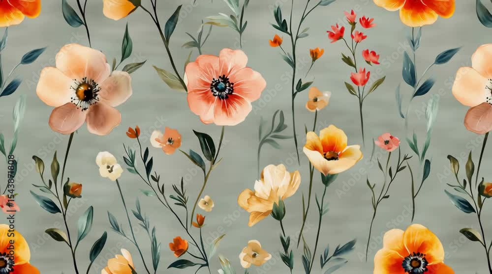 watercolor flowers moving gently on gray background vintage pattern elegant floral decorative artistic classic nature soft motion botanical stylish design seamless retro beautiful romantic concept