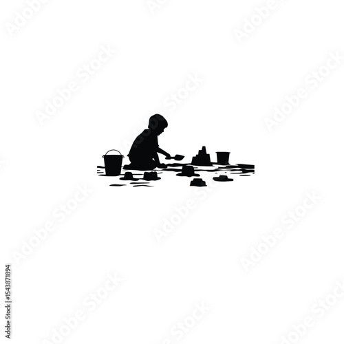 A child building sandcastles on the beach on white background