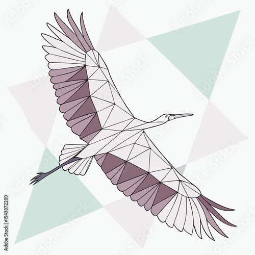 Geometric crane in flight with polygonal design and soft pastel colored triangular background shapes art