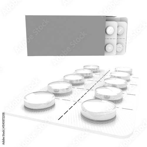 A blister pack of tablets with a partially opened box, illustrating medication packaging.