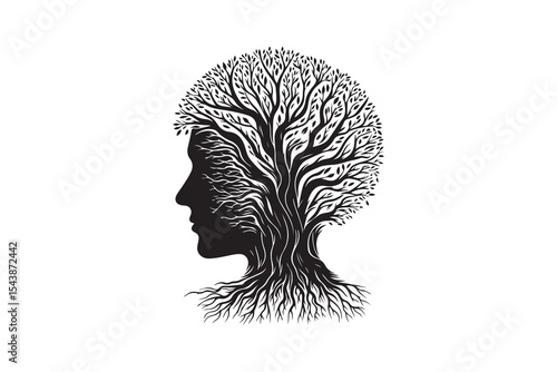 Silhouette of a human head with tree roots as hair 