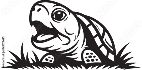Smiling turtle silhouette in grass with bold line illustration representing wildlife, slow movement, and natural reptile habitat