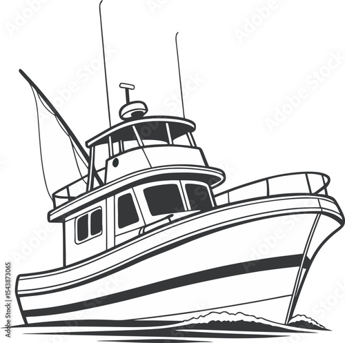 Stylized Black and White Illustration of Fishing Boat – Angled View with Rounded Hull, Cabin Windows, Two Tall Antennas, and Gentle Waves Depicting Maritime Motion