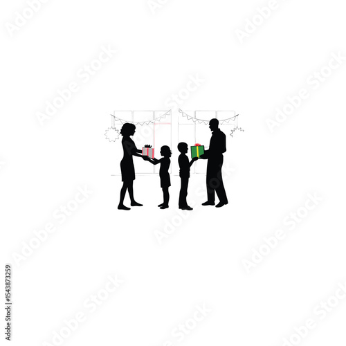 A family exchanging gifts during a celebration on white background