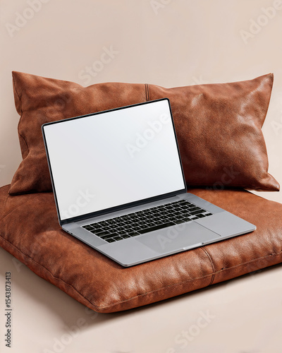  Laptop Computer Mockup on Brown Leather Pillow Minimalist Background