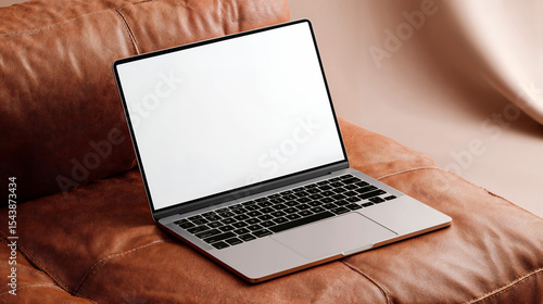  Laptop Computer Mockup on Brown Leather Pillow Minimalist Background