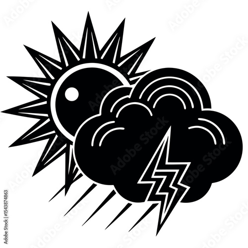 Sun cloud lightning rain weather icon isolated on white background