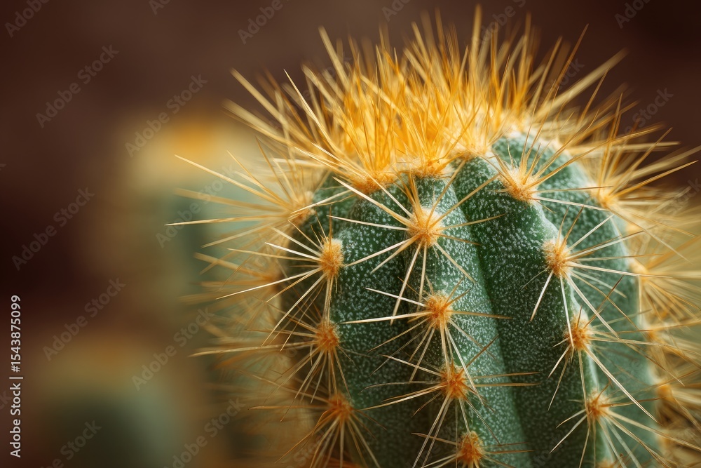 Close-up of a vibrant green cactus with numerous sharp, golden-yellow spines against a blurred brown background Close-up of a vibrant green cactus with numerous sharp, golden-yellow spines against a blurred brown background