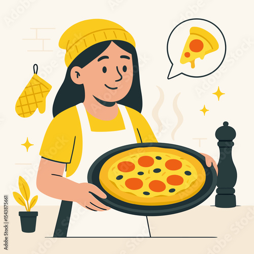 Smiling young woman baking homemade pizza – flat Vector illustration of cooking at home with cheerful expression in modern kitchen