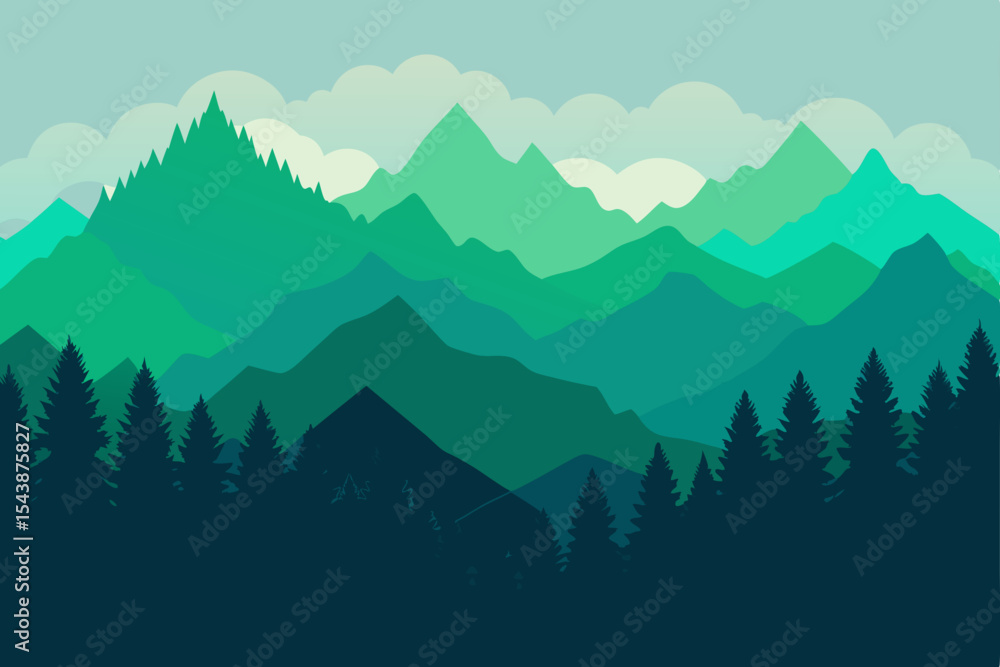 Fototapeta premium flat-forest-layers-fading-into-tall-mountain-silho 