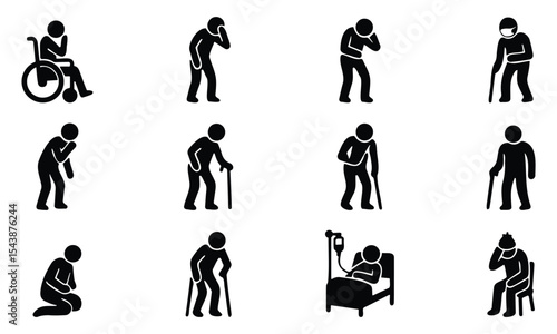 Stickman icon collection representing healthcare, elderly care, disability, and medical assistance in silhouette
