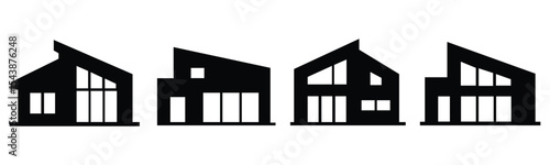 Modern fantasy house silhouettes in bold geometric black designs showcasing unique architecture and futuristic home shapes