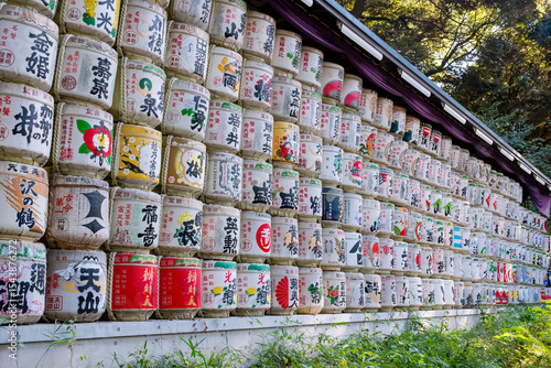 Obraz na plátně Sake barrel offerings to Meiji Jingu shrine, Shibuya, Tokyo, Japan