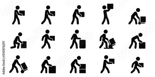 Stickman silhouette icons showing delivery workers carrying and transporting boxes in various poses and actions