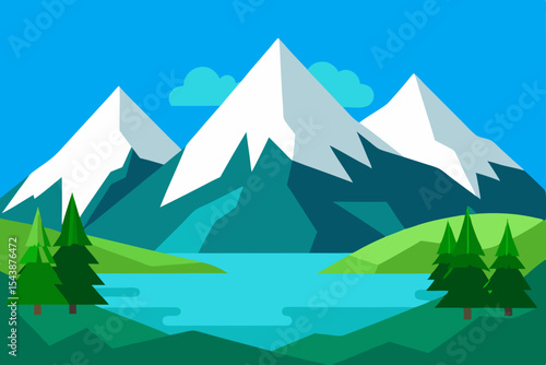 snowy mountain peaks with green forest and lake
