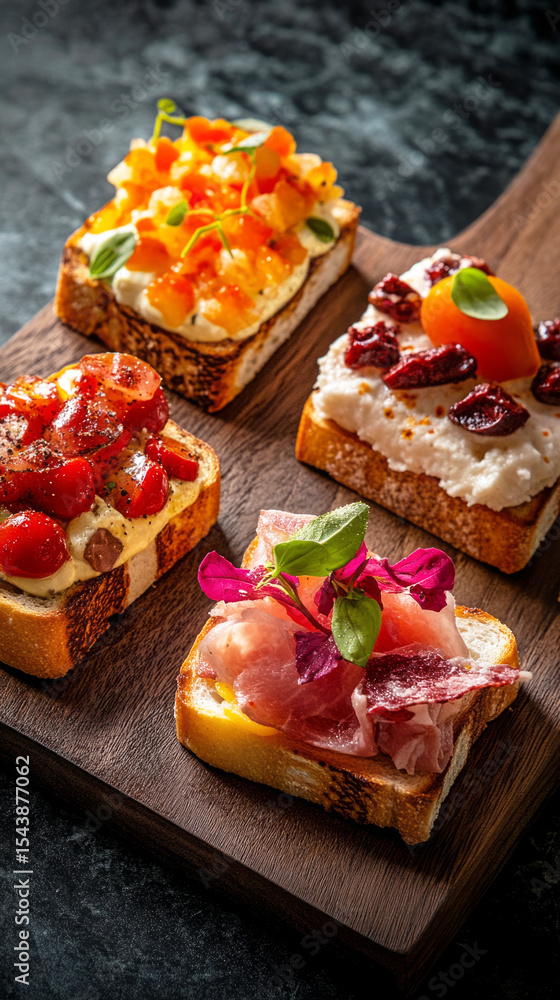 Colorful breakfast boards display a variety of meats and cheeses on toasted bread, presenting an appetizing assortment perfect for a morning gathering or brunch Colorful breakfast boards display a variety of meats and cheeses on toasted bread, presenting an appetizing assortment perfect for a morning gathering or brunch