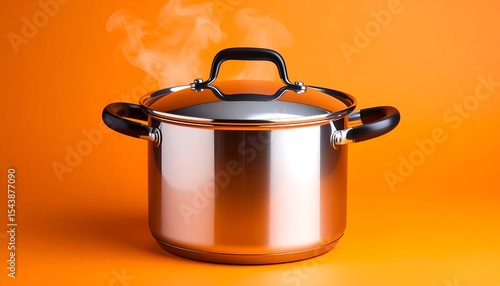 Fototapeta Naklejka Na Ścianę i Meble -  Steaming pot with orange background.