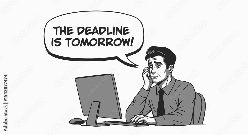 Fototapeta premium A stressed employee at a computer says, 