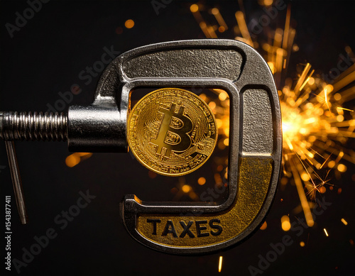 Bitcoin under clamp marked TAXES, golden sparks. A golden Bitcoin sits under extreme pressure from a metal clamp marked TAXES, with sparks flying from the tension.