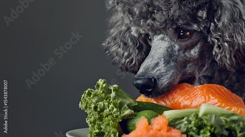 Dog with Curly Fur Exploring Fresh Vegetables and Salmon Dish