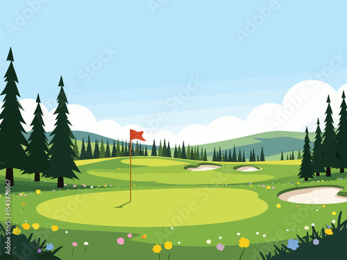 Golf course landscape with flag, green hills, pine trees and large golf ball illustration