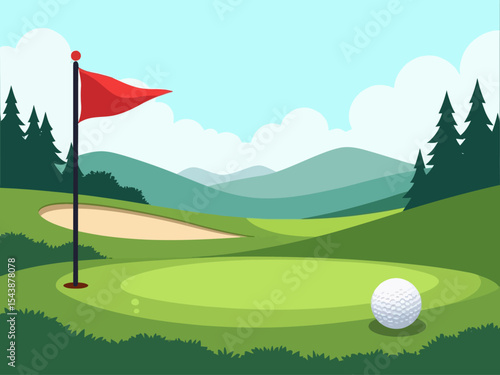 Golf course landscape with flag, green hills, pine trees and large golf ball illustration