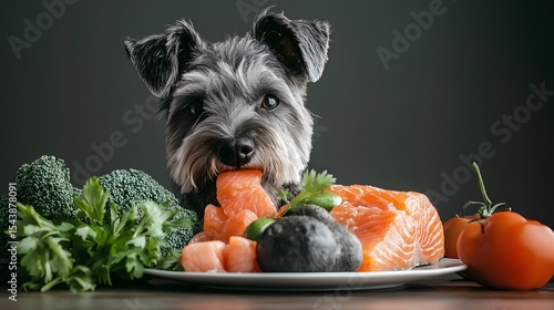 Dog Enjoys Fresh Salmon and Vegetables on a Platter