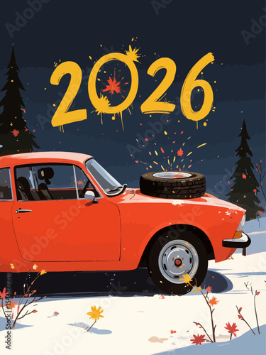  2026 new year card with tire wheel marks of car 