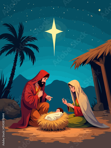 ativity scene in Bethlehem Christmas scene illustration showing holy family baby Jesus in the manger Joseph and Mary