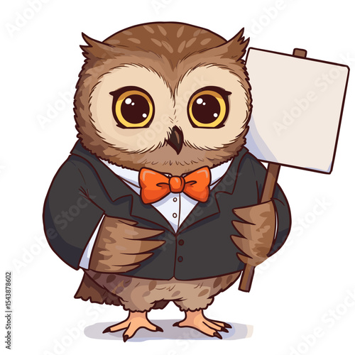 Cartoon owl wearing tuxedo and bowtie holding a blank sign  