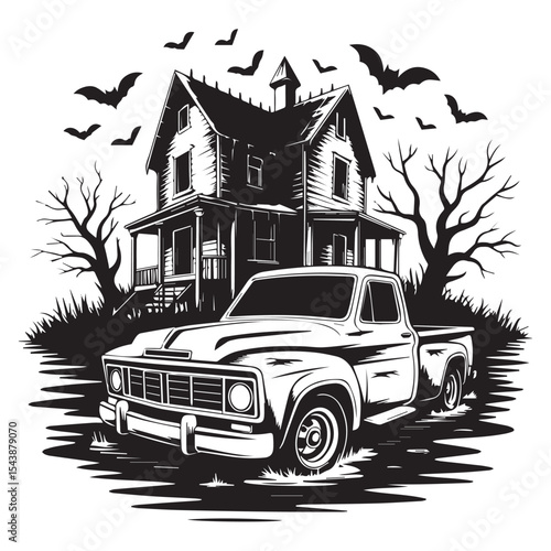 Spooky Haunted House with Classic Pickup Truck and Flying Bats – Black and White Halloween Vector Art