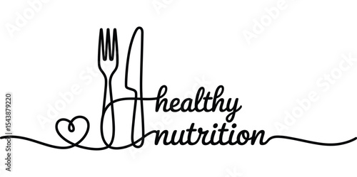 continuous line drawing of fork and knife shaping the phrase "healthy nutrition" with heart symbol promoting wellness and balanced eating