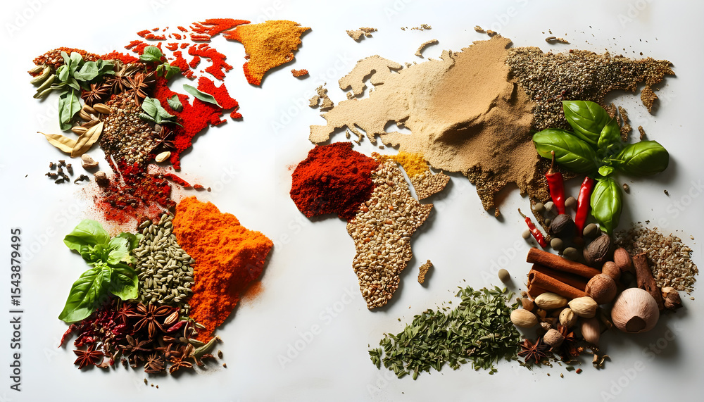 Fototapeta premium World map made of different aromatic spices on white background