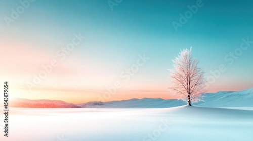 A solitary tree stands starkly against a pristine snowy landscape at dawn, evoking feelings of solitude, tranquility, and the awe of nature's quiet beauty in this serene setting.