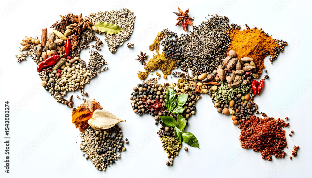 Obraz premium World map made of different aromatic spices on white background
