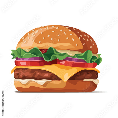 mouthwatering cheeseburger with beef patty, lettuce, tomato, onion, and melted cheese on sesame bun - perfect for food and restaurant themes