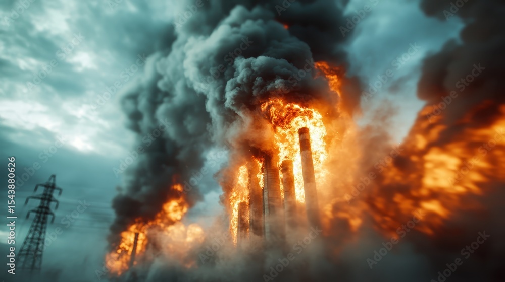 Fototapeta premium Dramatic visual of smoke and fire billowing from industrial smokestacks under a tumultuous sky, reflecting environmental concerns and the impact of industry on climate change and health.