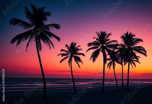 Silhouetted palm trees on a beach at sunset, stars visible in the twilight sky, night, sunset beach
