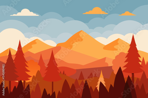 autumn forest with distant mountains under cloudy