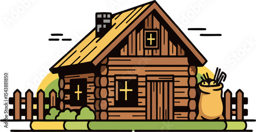 Rustic Log Cabin with Thatched Roof, Wooden Fence and Sack of Harvest – Countryside Farmhouse Illustration