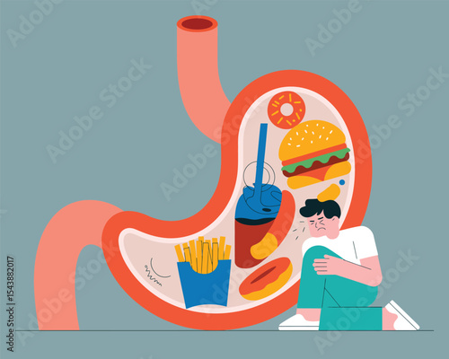 illustration of person beside large stomach filled with junk food like burger, fries, soda, and donut symbolizing unhealthy diet choices