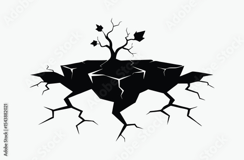 Surface crack silhouette, earthquake fissure icon, black and white vector