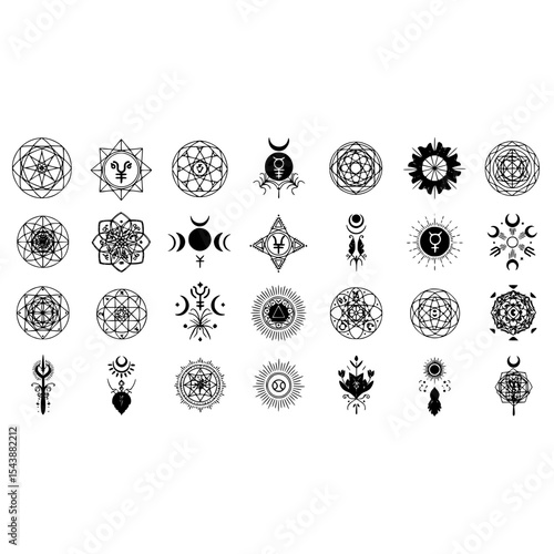 Sacred geometry symbols mystic esoteric occult spiritual alchemy astrology celestial magical designs set vector art