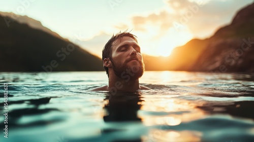 A serene image of a man swimming in calm water at sunset captures the beauty of nature and the emotional connection to tranquility and reflection, perfect for relaxation themes.