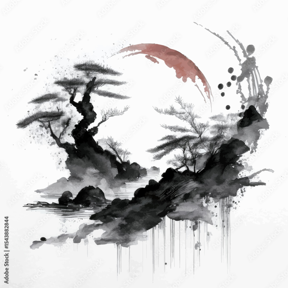 Obraz premium Ink Wash Painting of a Tree – Minimalist Japanese Style