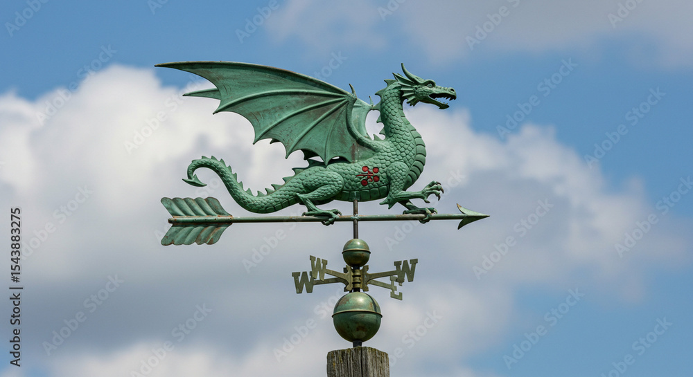 Fototapeta premium Weather vane featuring a green dragon against a cloudy blue sky